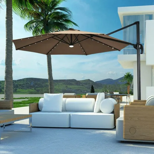 10 Ft Patio Offset Cantilever Umbrella with Solar Lights-Coffee