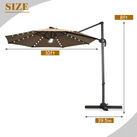 10 Ft Patio Offset Cantilever Umbrella with Solar Lights-Coffee