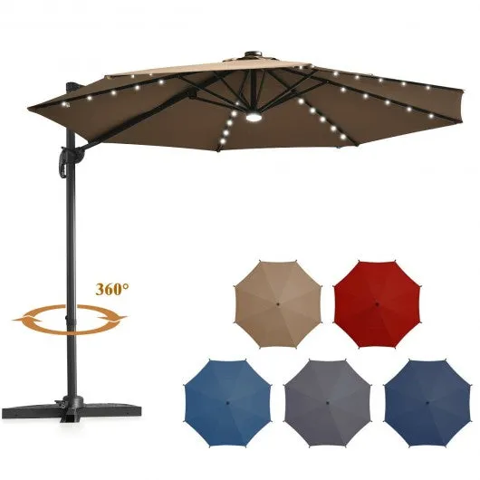 10 Ft Patio Offset Cantilever Umbrella with Solar Lights-Coffee