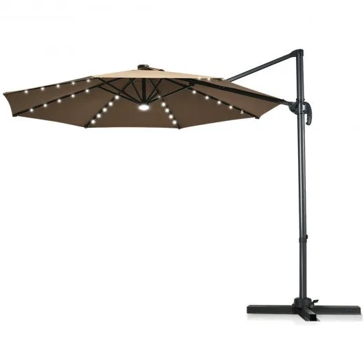 10 Ft Patio Offset Cantilever Umbrella with Solar Lights-Coffee