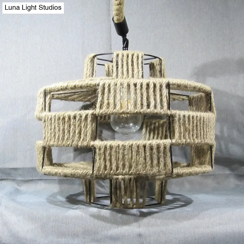 Antique Hemp Rope Lantern Restaurant Pendant Light with Ivy Décor - 1-Light Beige Hanging Fixture