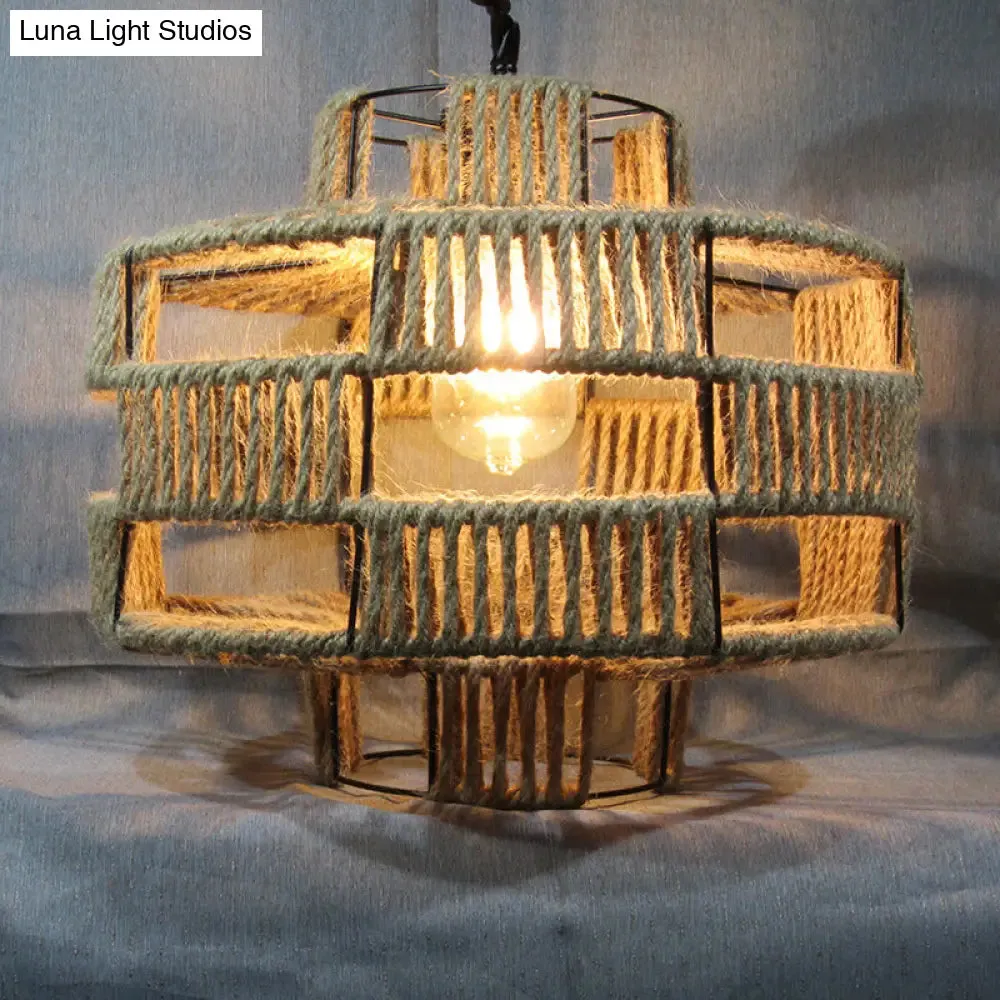 Antique Hemp Rope Lantern Restaurant Pendant Light with Ivy Décor - 1-Light Beige Hanging Fixture