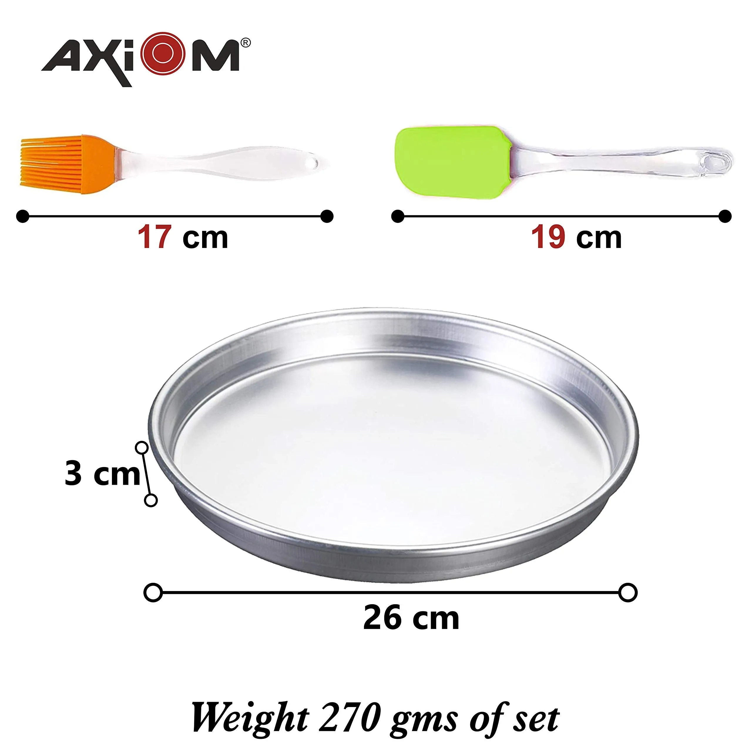 AXIOM Bakeware Gift Set of Pizza Pan & Silicon Spatula with Brush. Aluminium Pizza Tray 26 CM Microwave Oven & OTG Safe Bakeware with Silicon Spatula & Silicon Brush