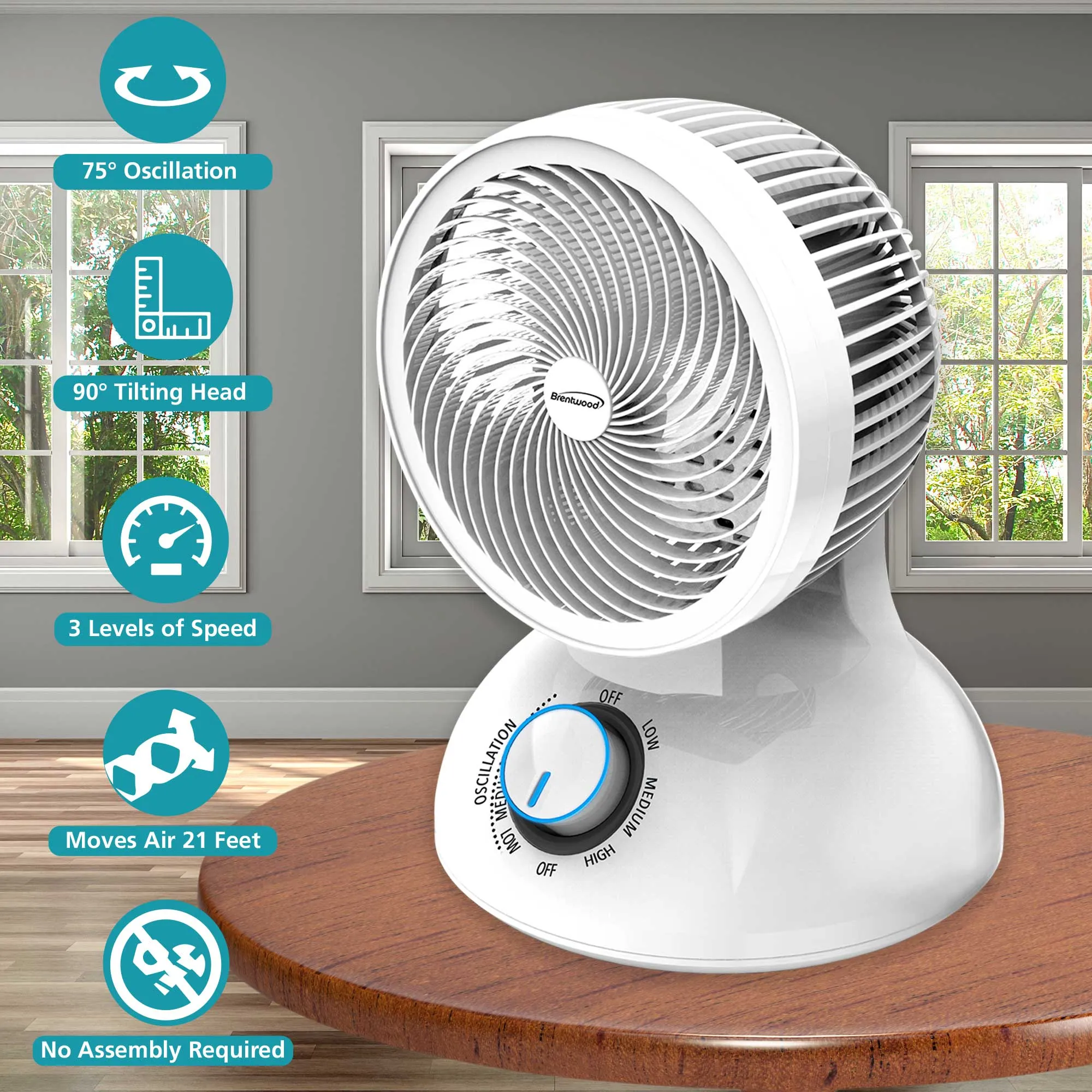 Brentwood F-650MW 6-Inch 3-Speed Oscillating Air Circulator Desktop Fan, White