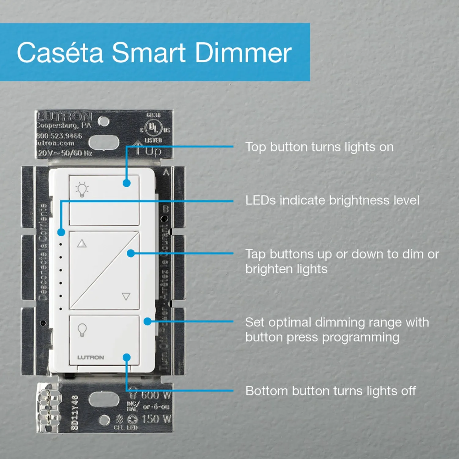 Caseta Wireless Smart LED Dimmer Switch, 3-Way/Multi-Location, White