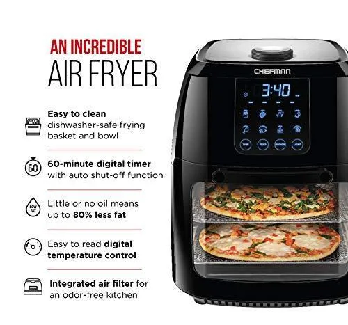 Chefman 6.3 Quart Digital Air Fryer  Rotisserie, Dehydrator, Convection Oven, 8 Touch Screen Presets Fry, Roast, Dehydrate & Bake, BPA-Free, Auto Shutoff, Accessories Included, XL Family Size, Black