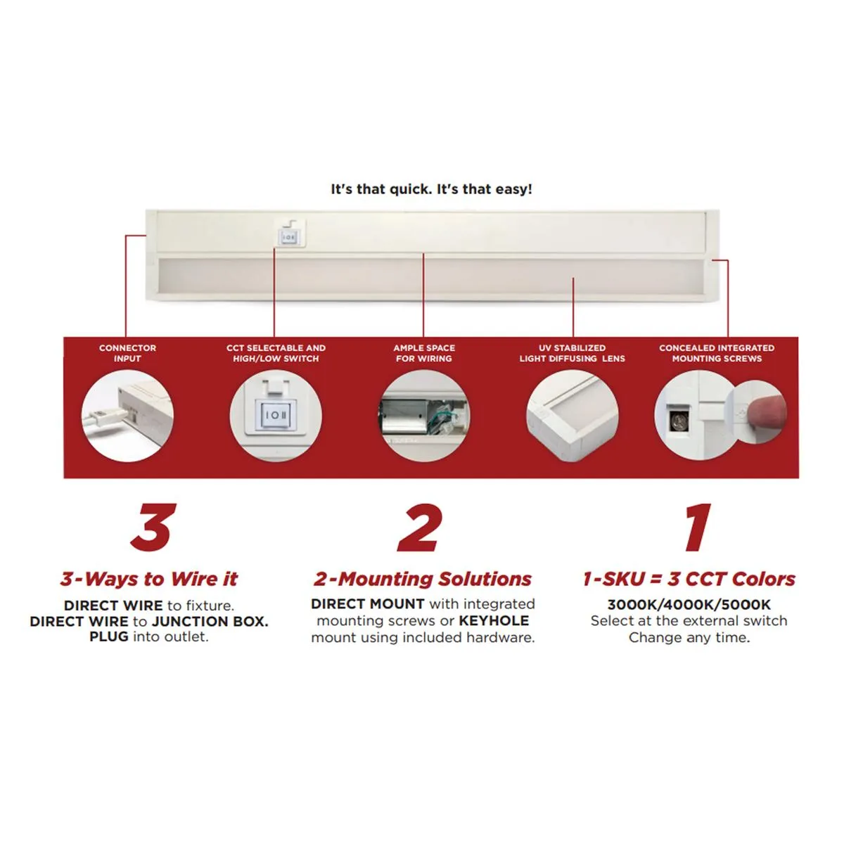 CounterQUICK 11 Inch Under Cabinet LED Light, 6.5W, CCT Selectable, Linkable, 120V