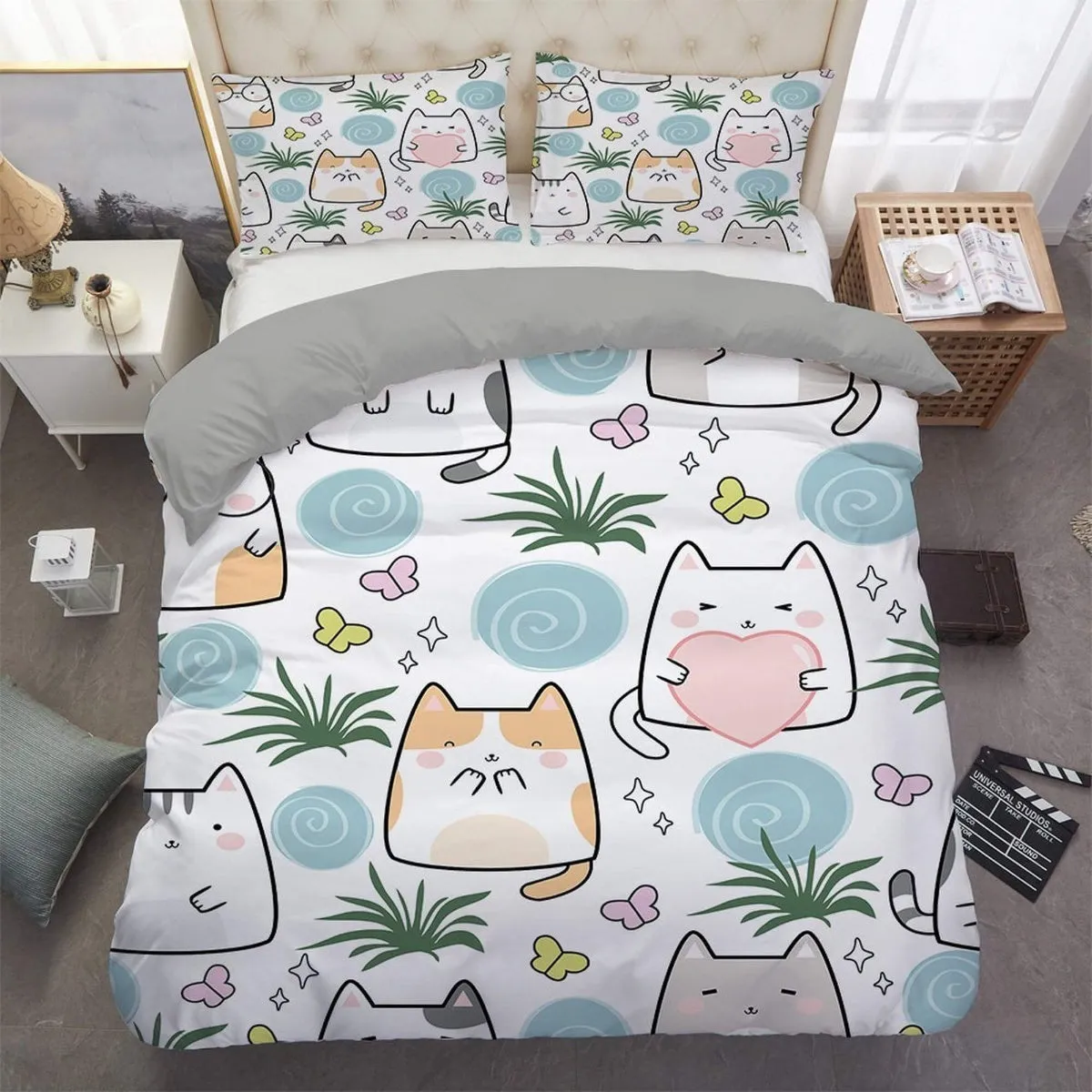 Cute cat bedding, toddler bedding, kids duvet cover set, gift for cat lovers, baby bedding, baby shower gift, kawaii funny cats