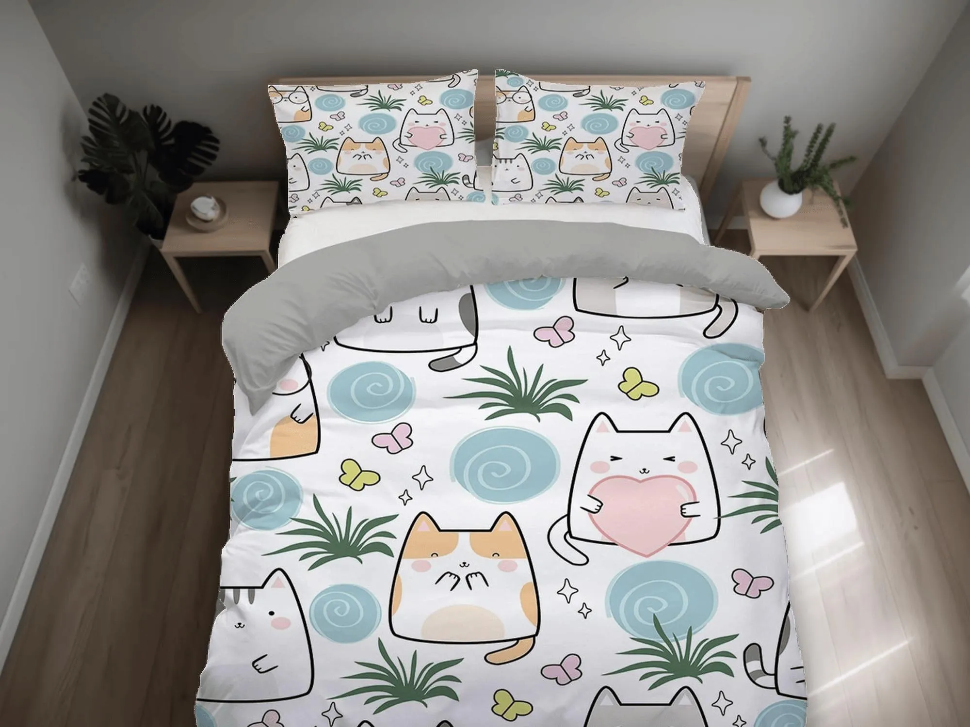 Cute cat bedding, toddler bedding, kids duvet cover set, gift for cat lovers, baby bedding, baby shower gift, kawaii funny cats