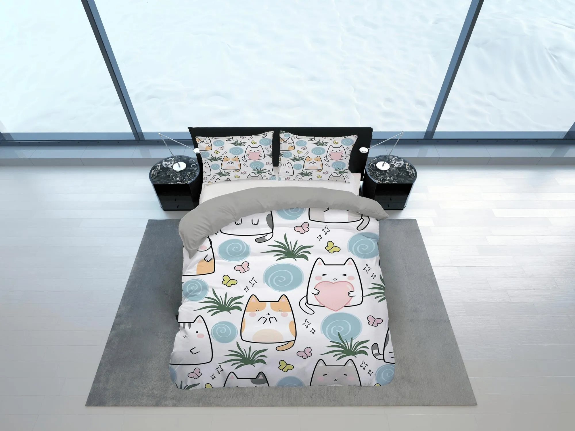 Cute cat bedding, toddler bedding, kids duvet cover set, gift for cat lovers, baby bedding, baby shower gift, kawaii funny cats