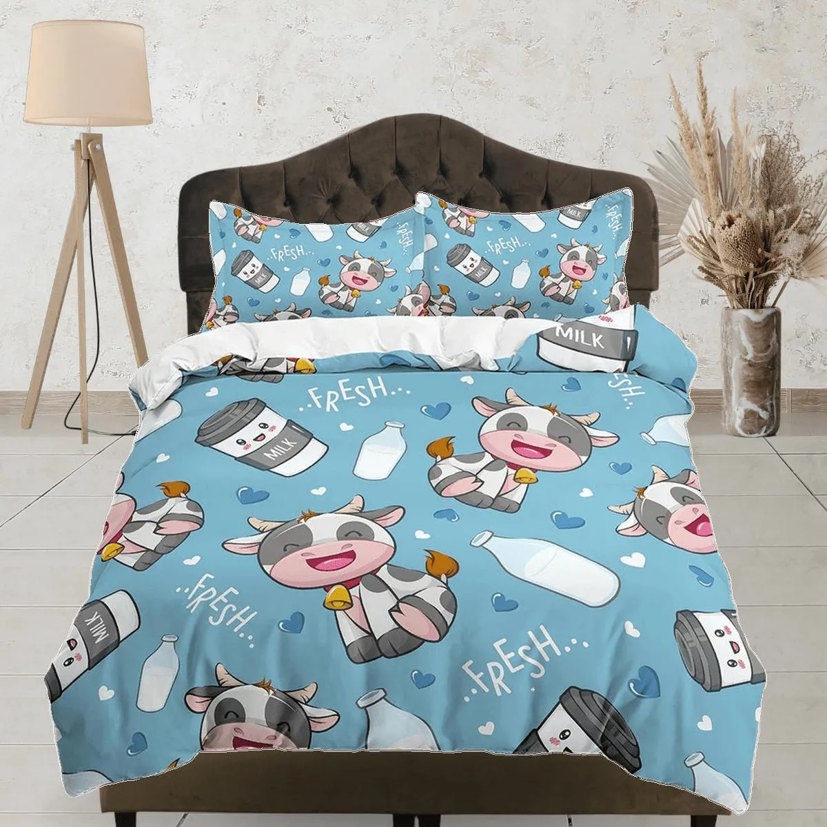 Cute Cow Blue Bedding, Duvet Cover Set & Pillowcase, Zipper Bedding, Dorm Bedding, Teens Adult Duvet King Queen Full Twin Single