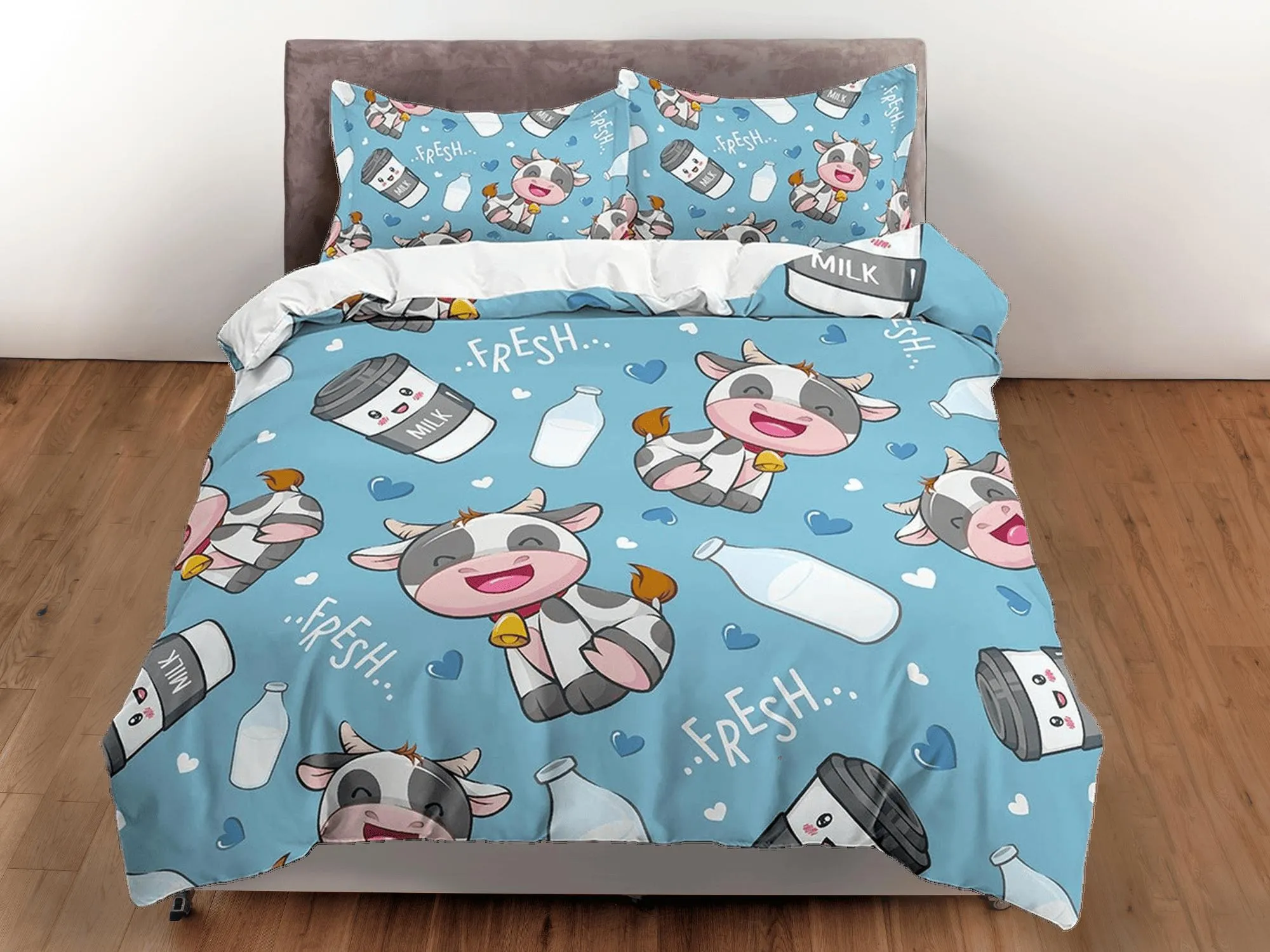 Cute Cow Blue Bedding, Duvet Cover Set & Pillowcase, Zipper Bedding, Dorm Bedding, Teens Adult Duvet King Queen Full Twin Single