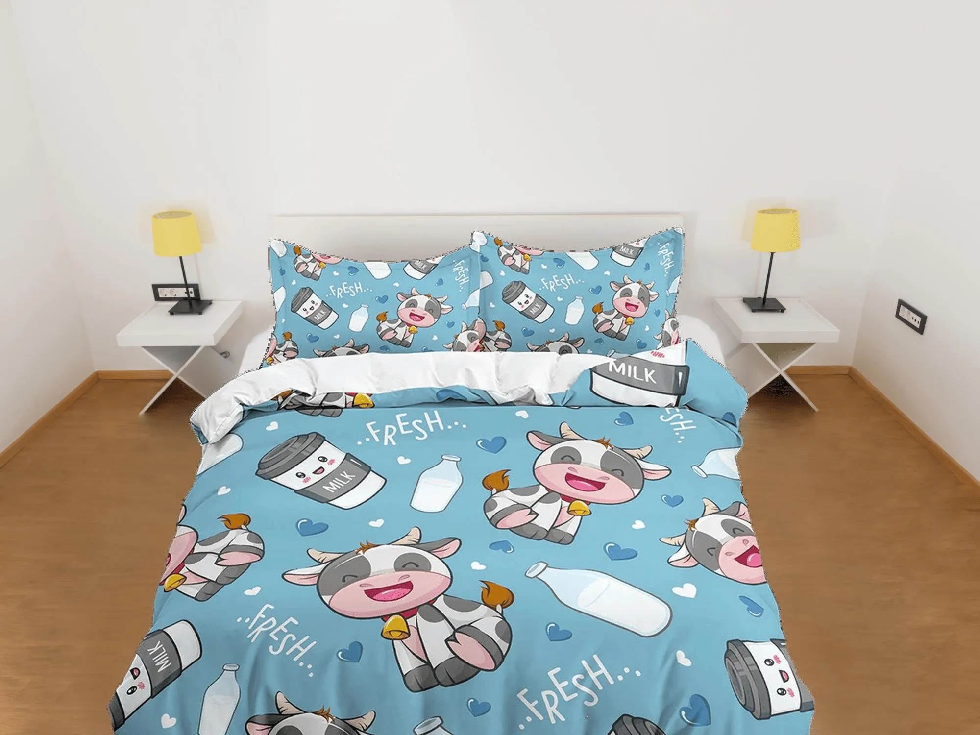 Cute Cow Blue Bedding, Duvet Cover Set & Pillowcase, Zipper Bedding, Dorm Bedding, Teens Adult Duvet King Queen Full Twin Single