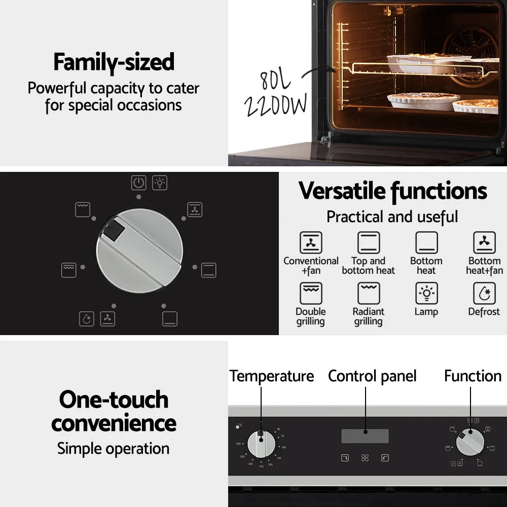 Devanti Electric Built In Wall Oven 80L Convection Grill Ovens Stainless Steel