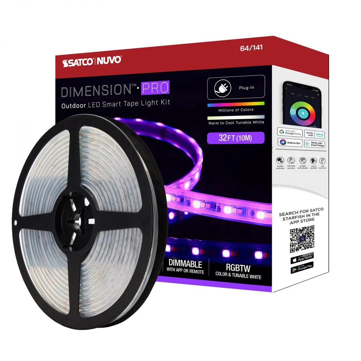 Dimension Pro Outdoor Smart LED Tape Light Kit with Remote, 32ft Reel, Color Changing RGB and Tunable White, 24V, Plug Connection