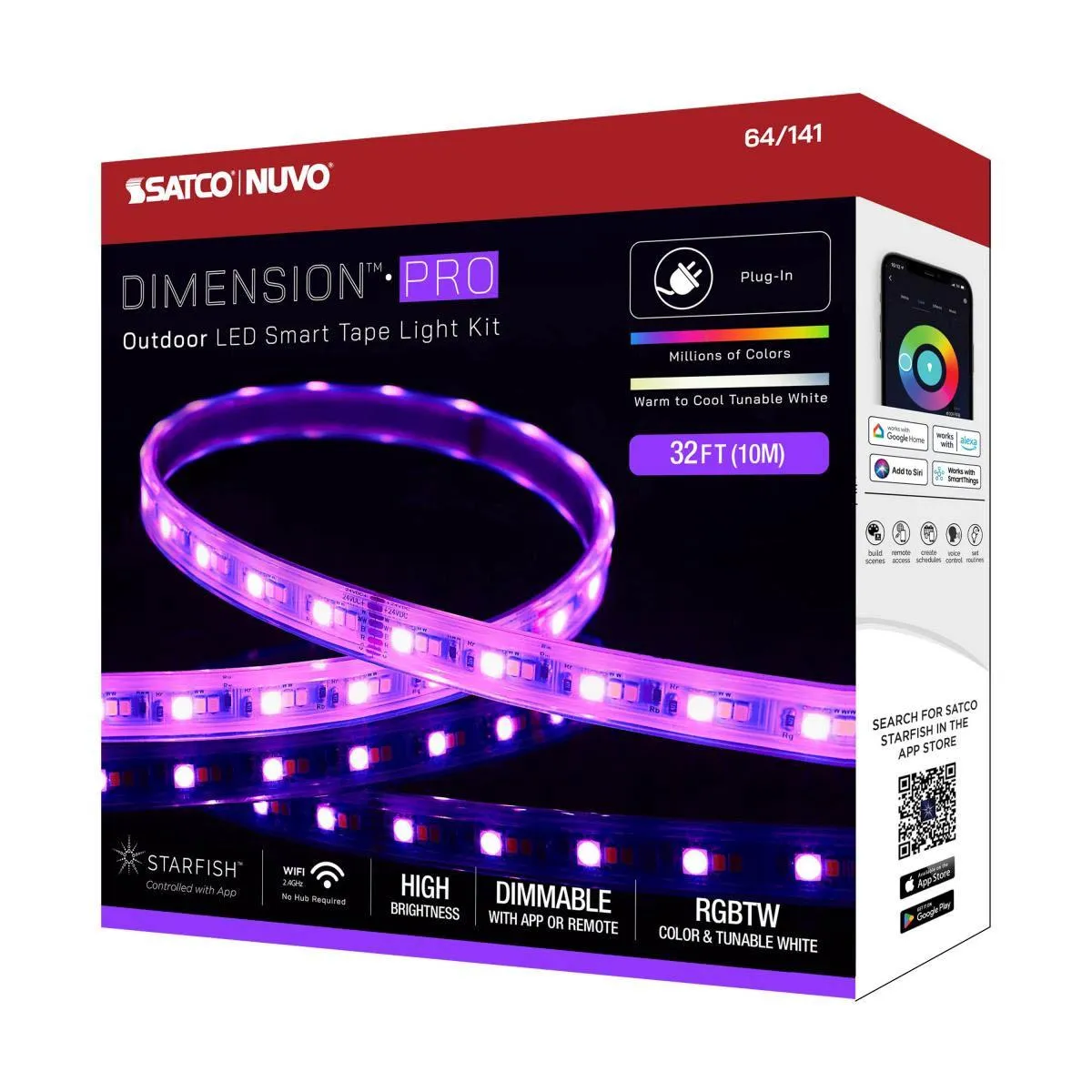 Dimension Pro Outdoor Smart LED Tape Light Kit with Remote, 32ft Reel, Color Changing RGB and Tunable White, 24V, Plug Connection