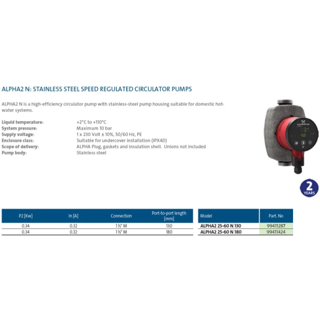 Grundfos ALPHA2 N Stainless Steel Speed Regulated Circulator Pump