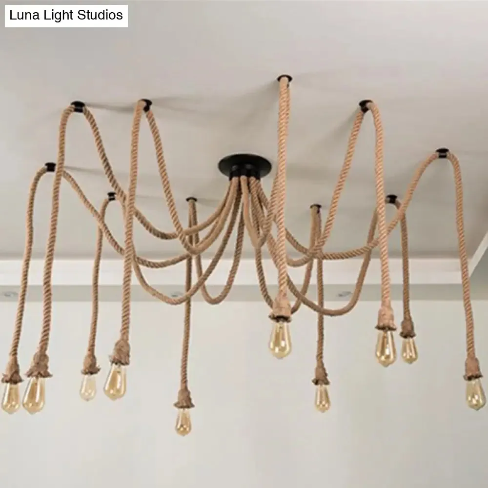 Hemp Rope Spider Chandelier - Rustic Flaxen Lighting for Restaurants