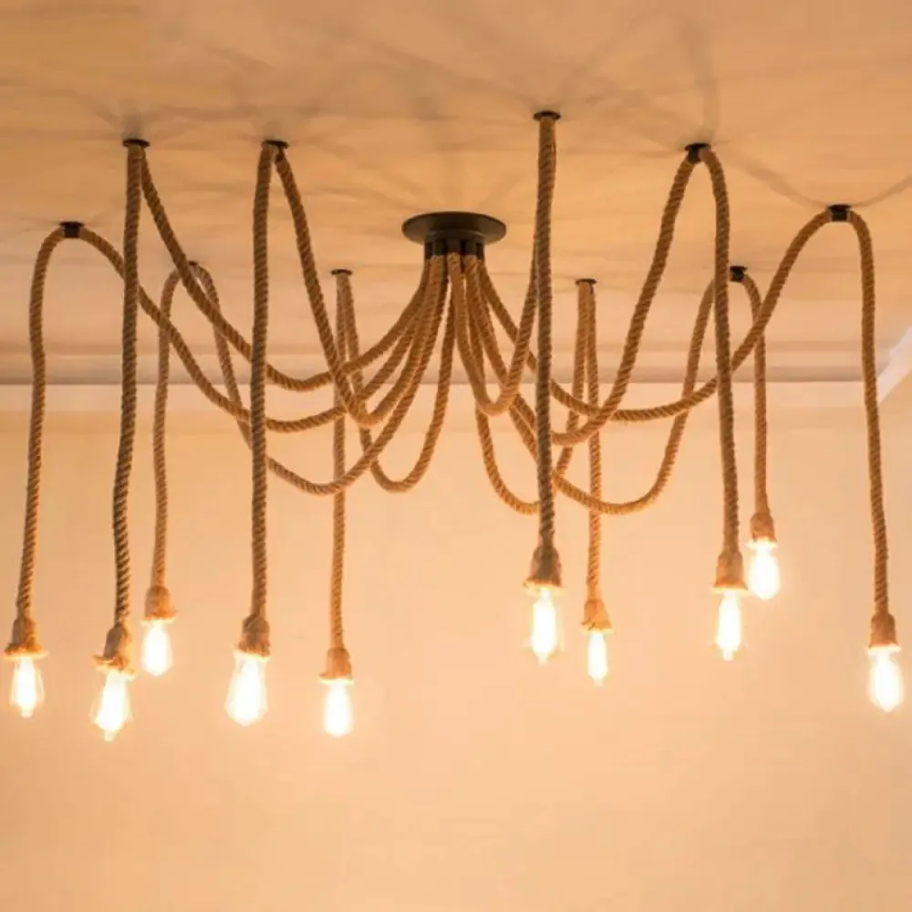 Hemp Rope Spider Chandelier - Rustic Flaxen Lighting for Restaurants