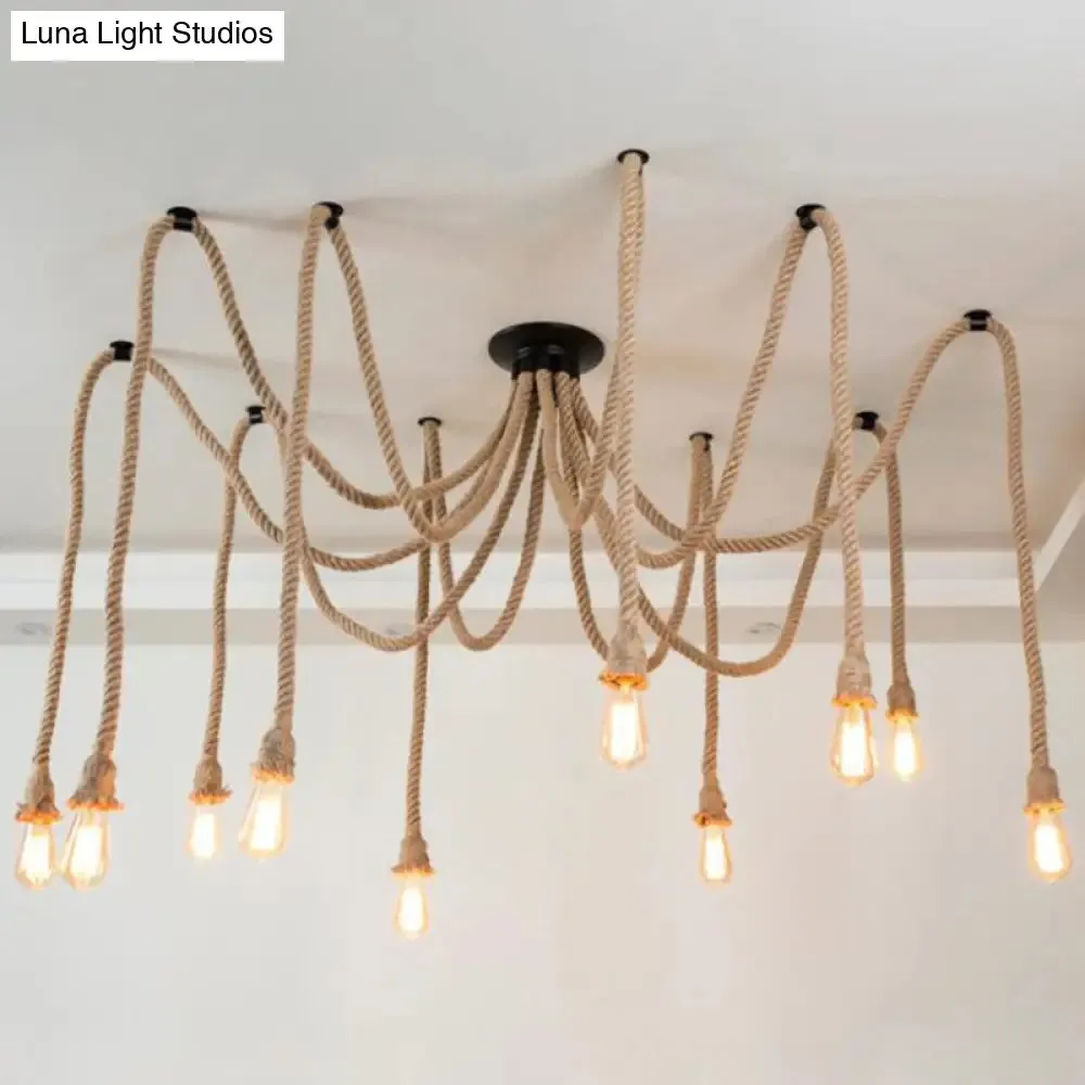 Hemp Rope Spider Chandelier - Rustic Flaxen Lighting for Restaurants