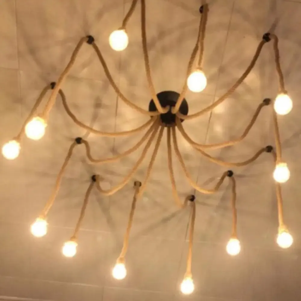 Hemp Rope Spider Chandelier - Rustic Flaxen Lighting for Restaurants