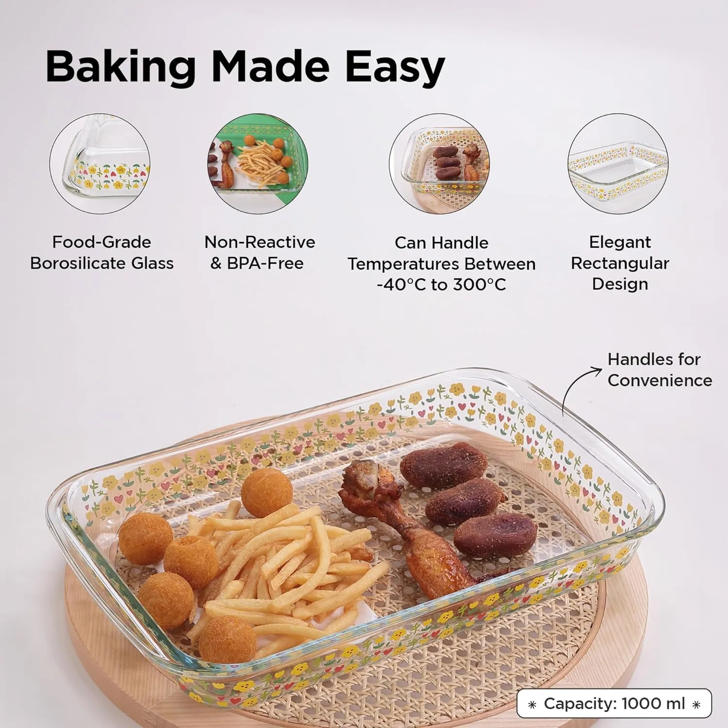 Homestic 1000 ml Borosilicate Printed Glass Baking Tray | Transparent Microwave Oven Safe Utensils | Rectangular Bread Moulds for Baking | Dishwasher Safe | Multipurpose use Serving Tray