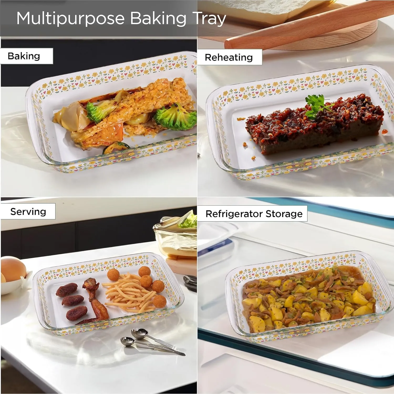 Homestic 1000 ml Borosilicate Printed Glass Baking Tray | Transparent Microwave Oven Safe Utensils | Rectangular Bread Moulds for Baking | Dishwasher Safe | Multipurpose use Serving Tray