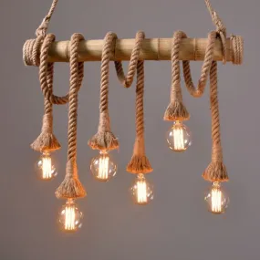 Industrial Vintage Island Pendant Light with Rope Wood Decoration