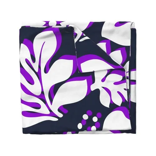 Navy Blue, White and Purple Hibiscus and Hawaiian Flowers Duvet Cover -Large Scale