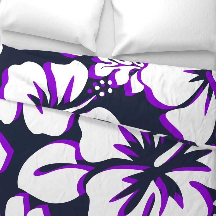 Navy Blue, White and Purple Hibiscus and Hawaiian Flowers Duvet Cover -Large Scale