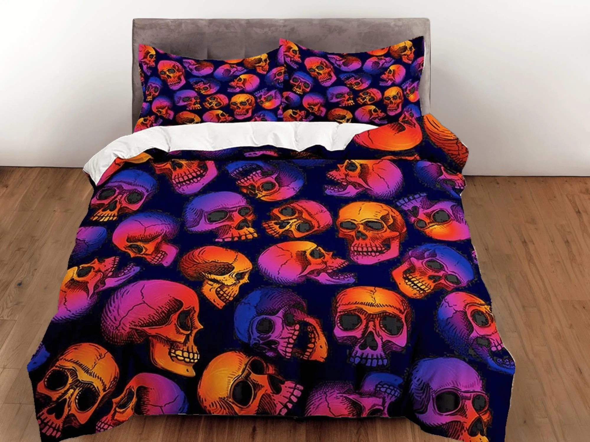 Neon skulls halloween bedding & pillowcase, gothic duvet cover, dorm bedding, halloween goth decor toddler bedding, halloween gift