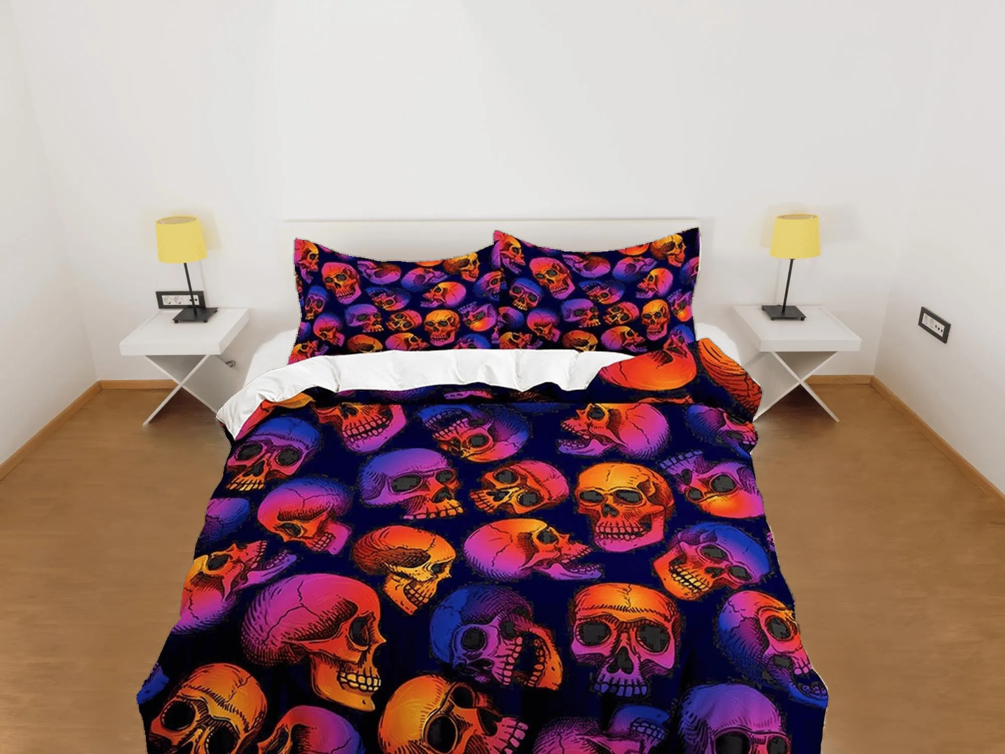 Neon skulls halloween bedding & pillowcase, gothic duvet cover, dorm bedding, halloween goth decor toddler bedding, halloween gift