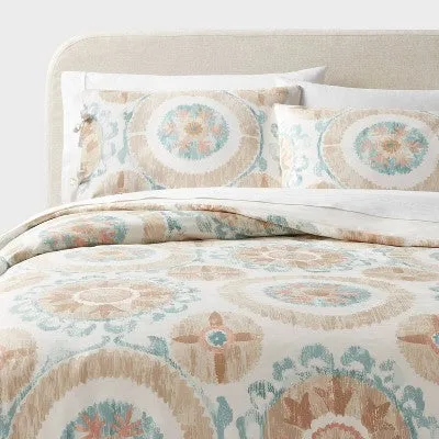 New - Full/Queen Boho Suzani Print Duvet Cover and Sham Set Ivory/Light Teal Blue -