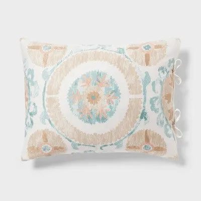 New - Full/Queen Boho Suzani Print Duvet Cover and Sham Set Ivory/Light Teal Blue -