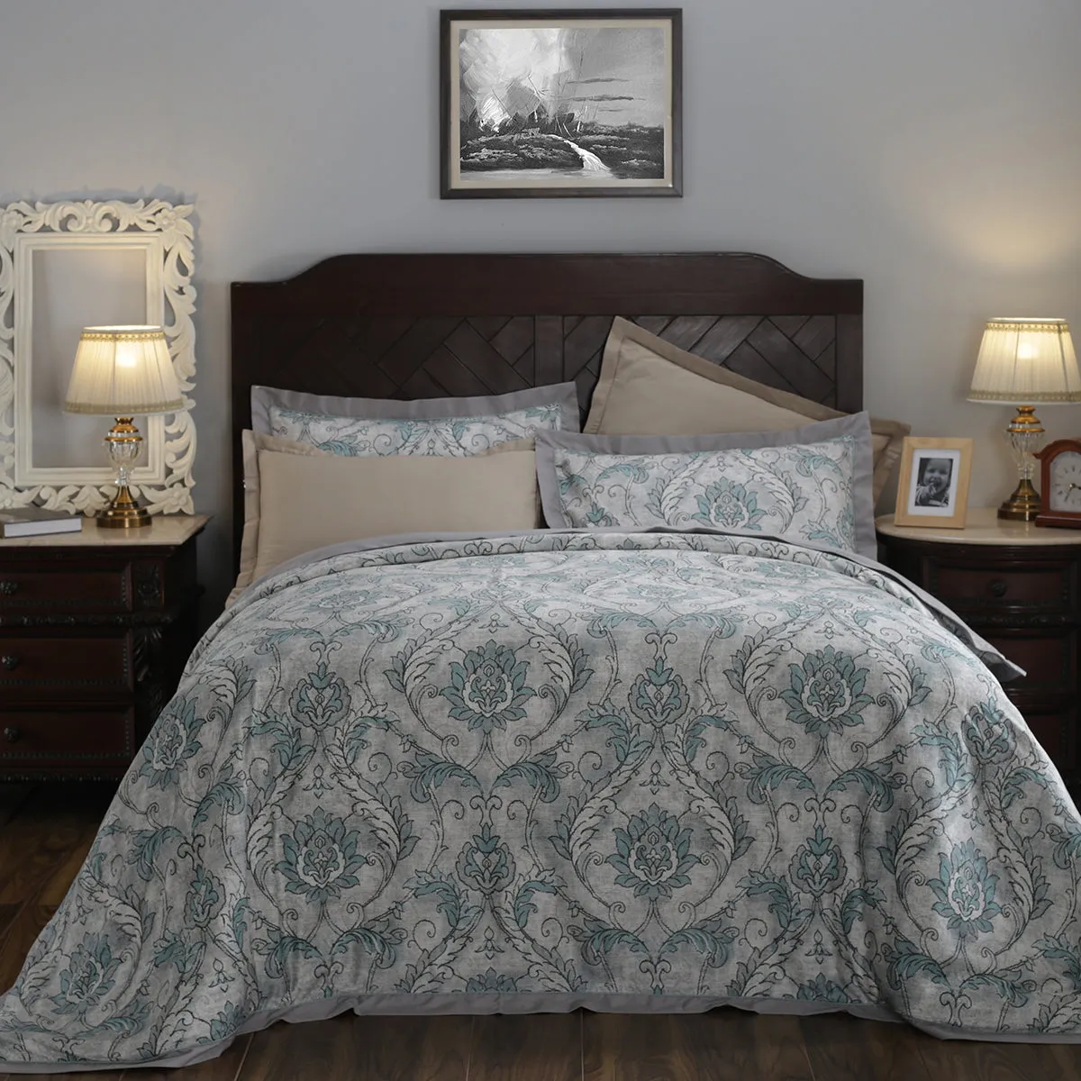 Nostalgic Attire Pearl Petal Blue Plain & Printed Reversible 100% Cotton Super Soft Duvet Cover with Pillow Case