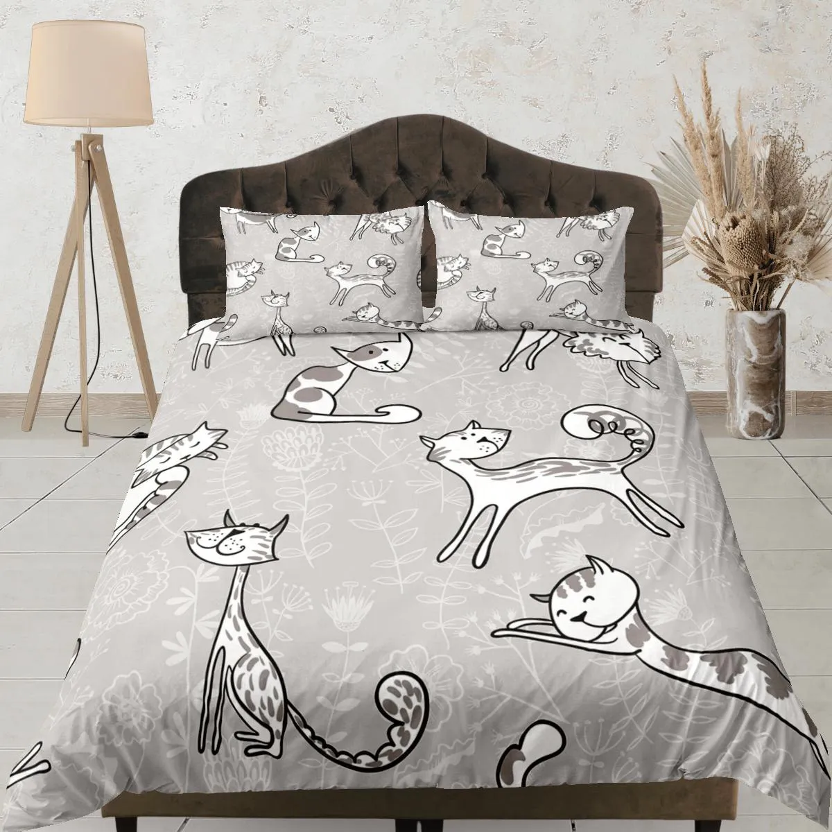 Playful cat bedding, minimalist floral prints, toddler bedding, kids duvet cover set, gift for cat lovers, baby bedding, baby shower gift