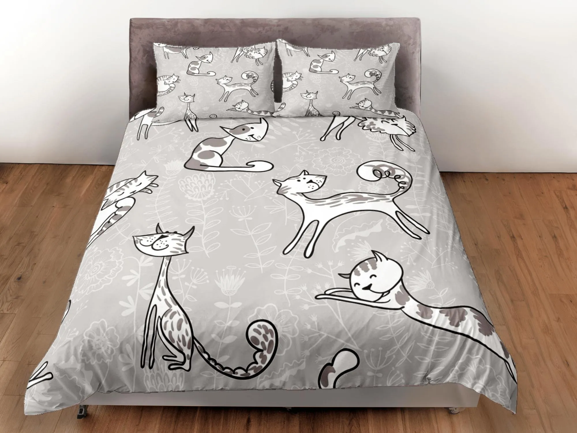 Playful cat bedding, minimalist floral prints, toddler bedding, kids duvet cover set, gift for cat lovers, baby bedding, baby shower gift