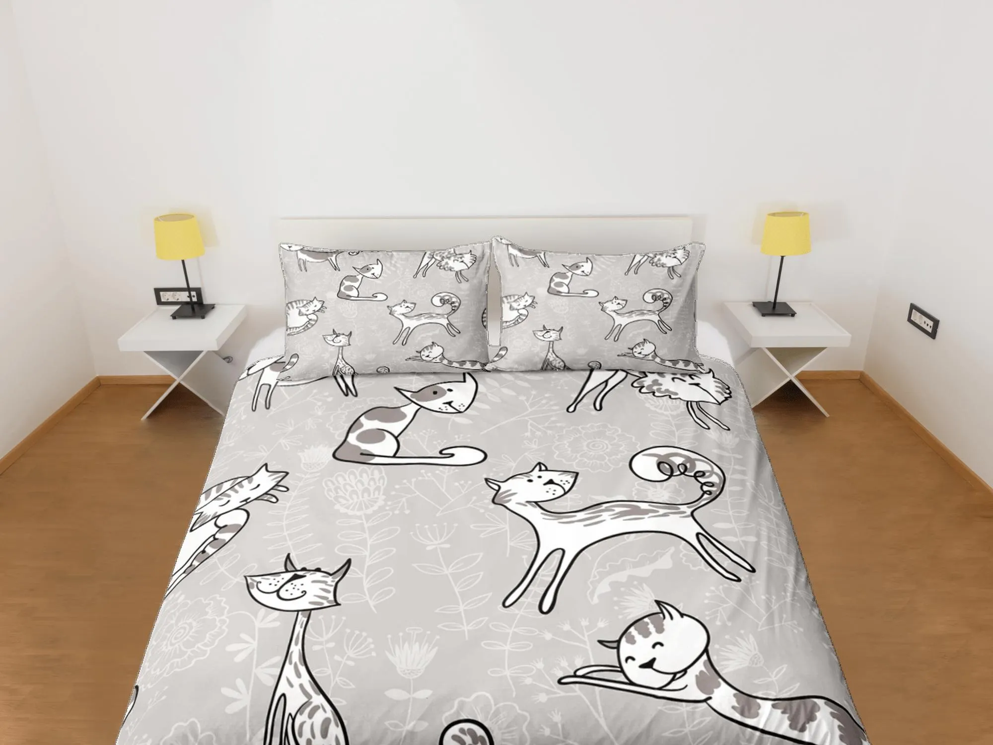 Playful cat bedding, minimalist floral prints, toddler bedding, kids duvet cover set, gift for cat lovers, baby bedding, baby shower gift