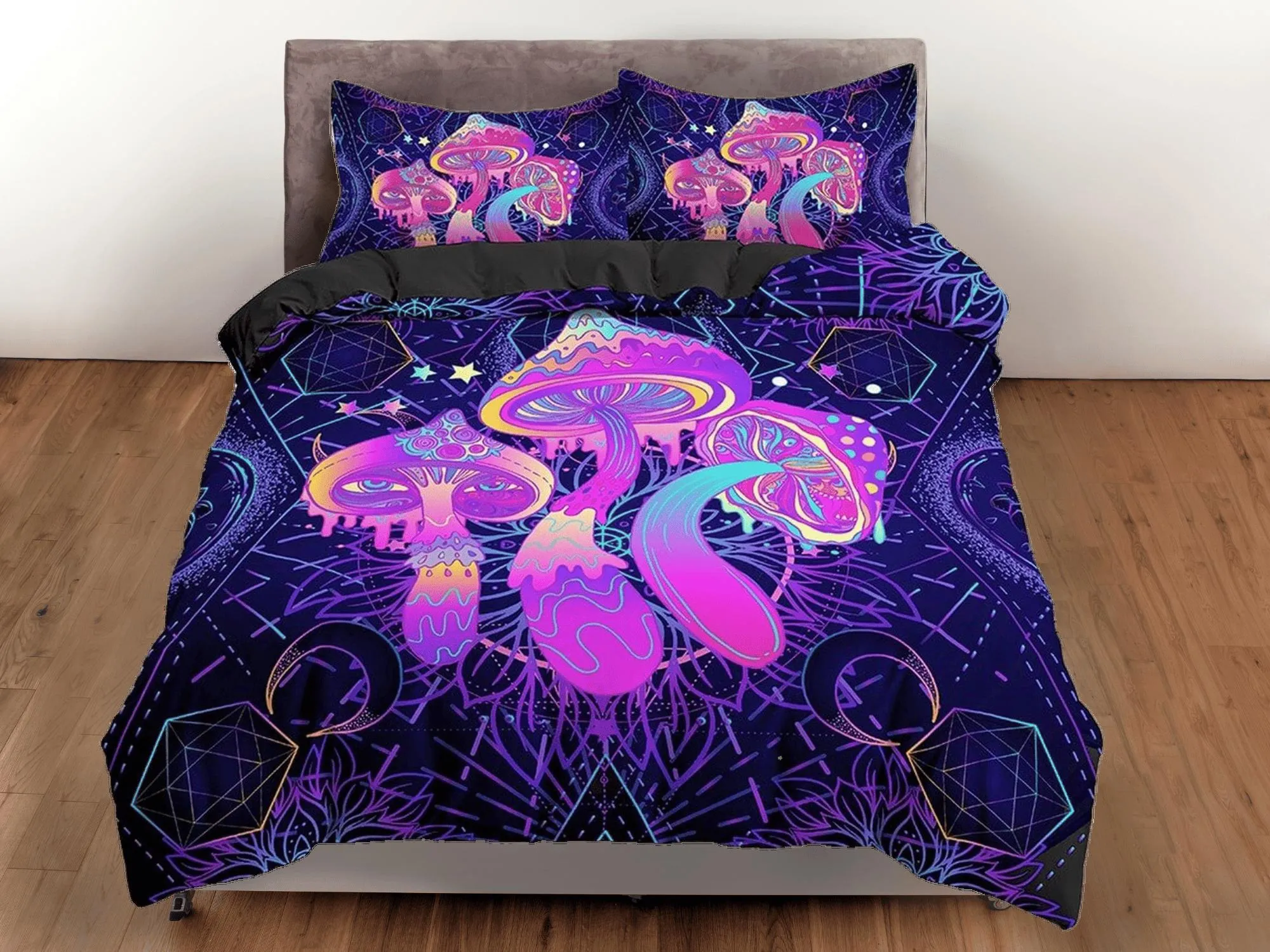 Psychedelic pink mushroom cosmic duvet cover hippie bedding set full, preppy dorm bedding, indie room decor, aesthetic bedspread y2k