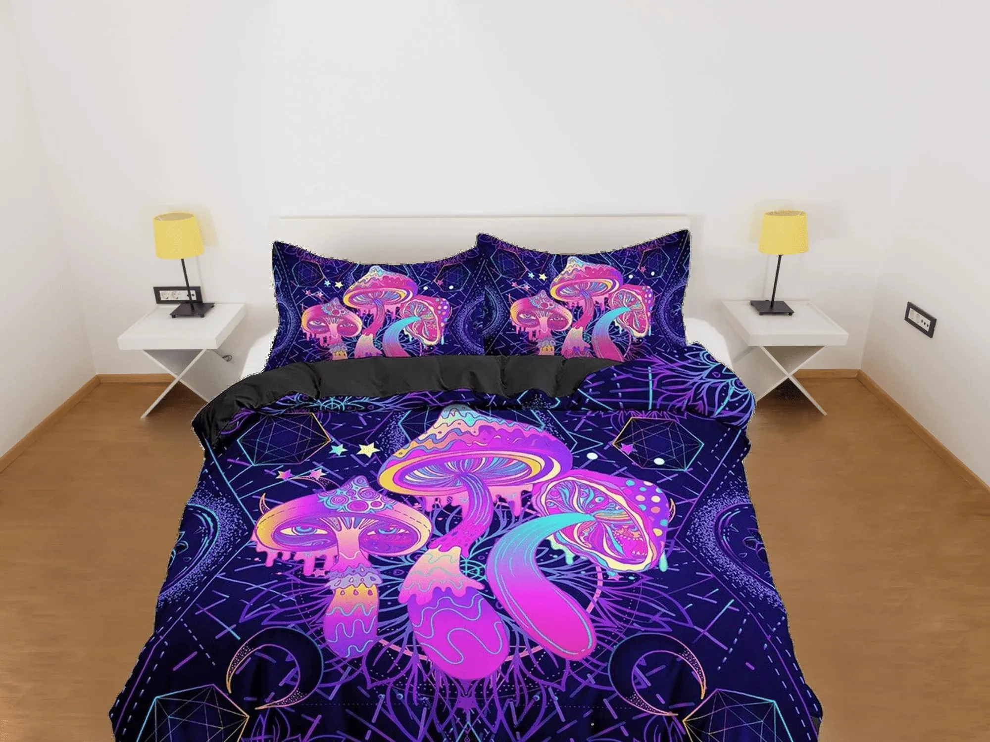 Psychedelic pink mushroom cosmic duvet cover hippie bedding set full, preppy dorm bedding, indie room decor, aesthetic bedspread y2k