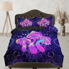 Psychedelic pink mushroom cosmic duvet cover hippie bedding set full, preppy dorm bedding, indie room decor, aesthetic bedspread y2k