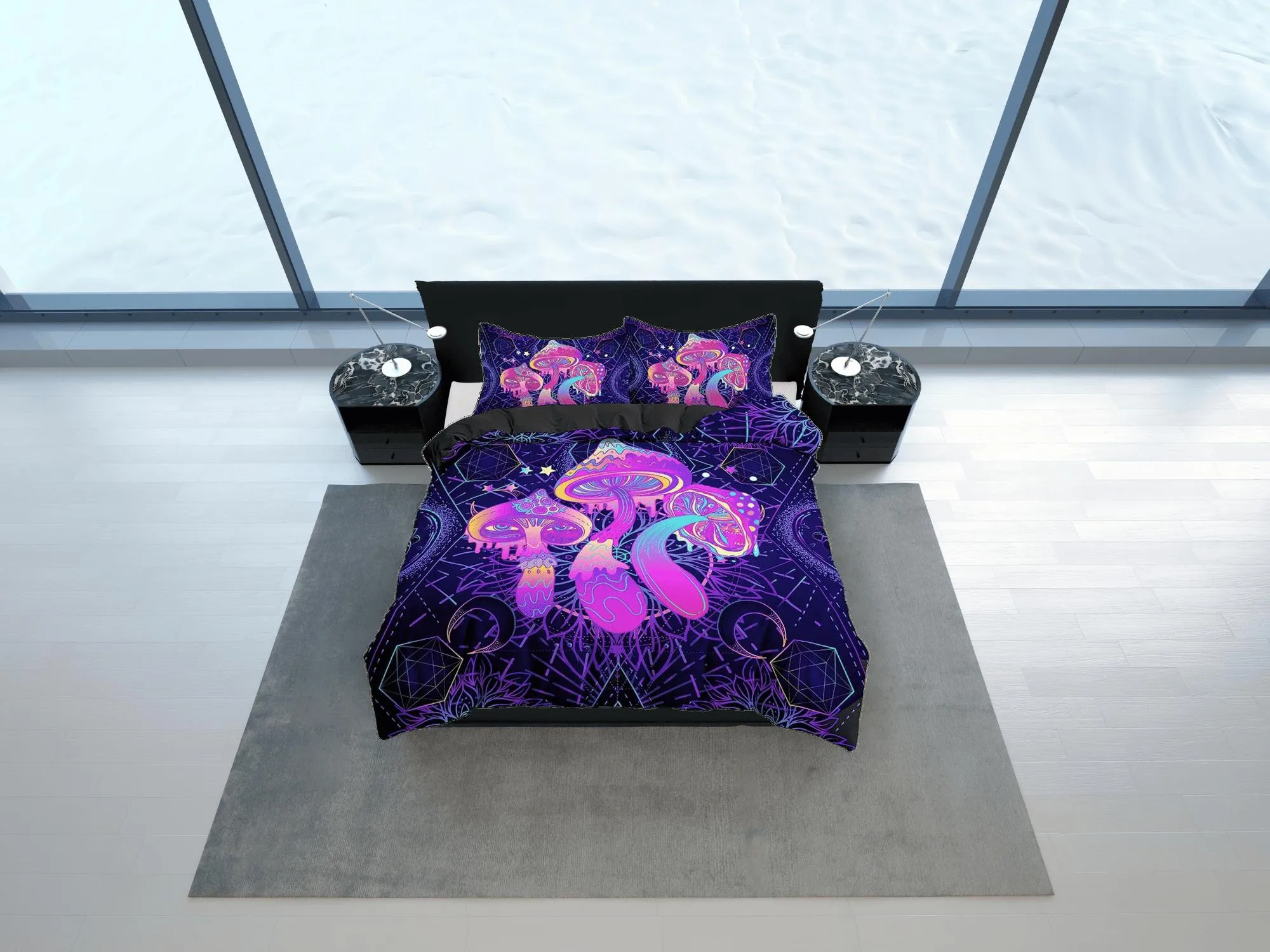 Psychedelic pink mushroom cosmic duvet cover hippie bedding set full, preppy dorm bedding, indie room decor, aesthetic bedspread y2k