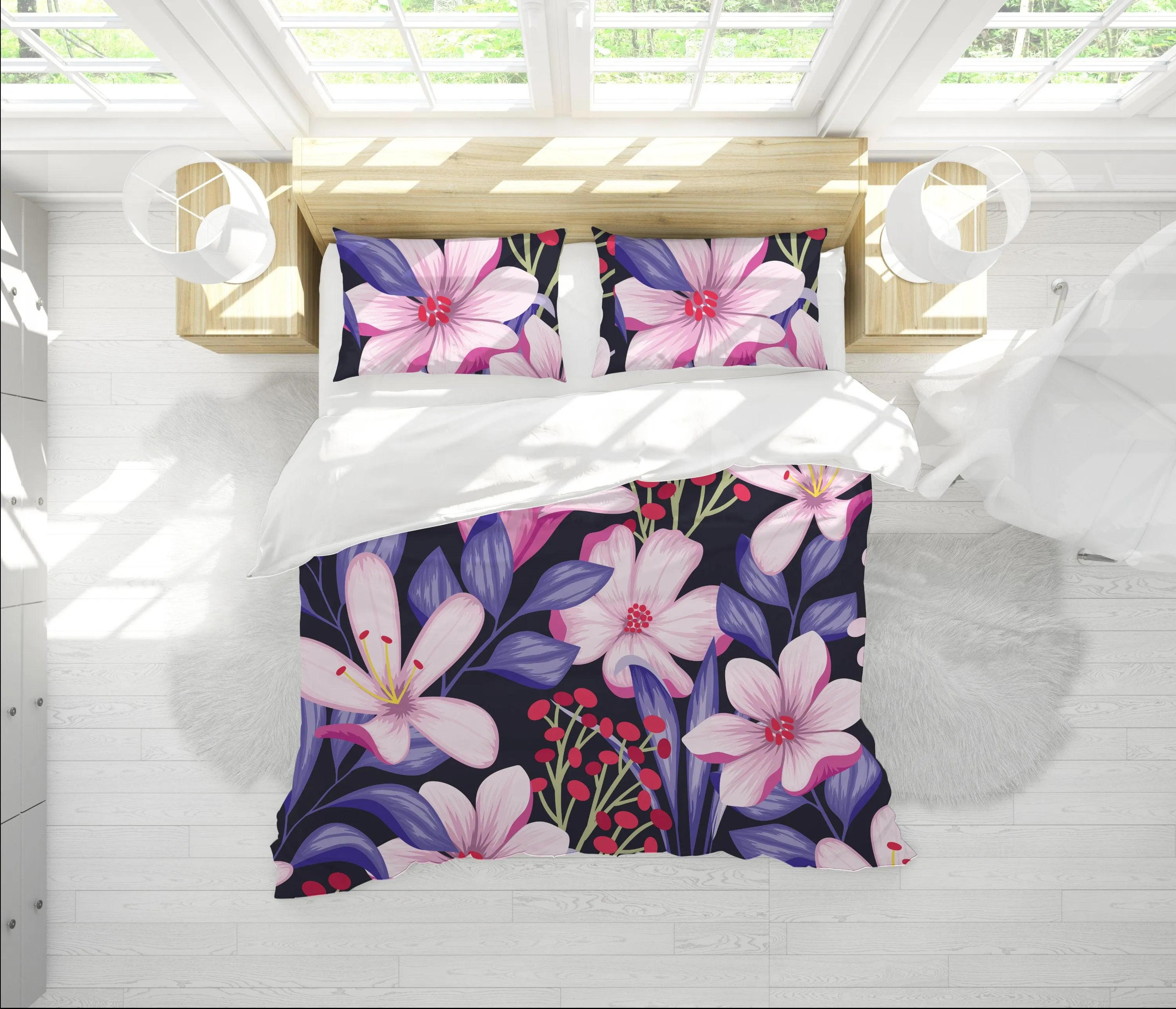 Purple Duvet Cover with Floral Prints | Bedding Set & Pillow Case with Pink Flowers Design For King, Queen, Full, Twin and Single Bed Sizes