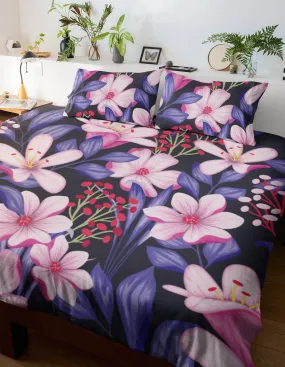 Purple Duvet Cover with Floral Prints | Bedding Set & Pillow Case with Pink Flowers Design For King, Queen, Full, Twin and Single Bed Sizes