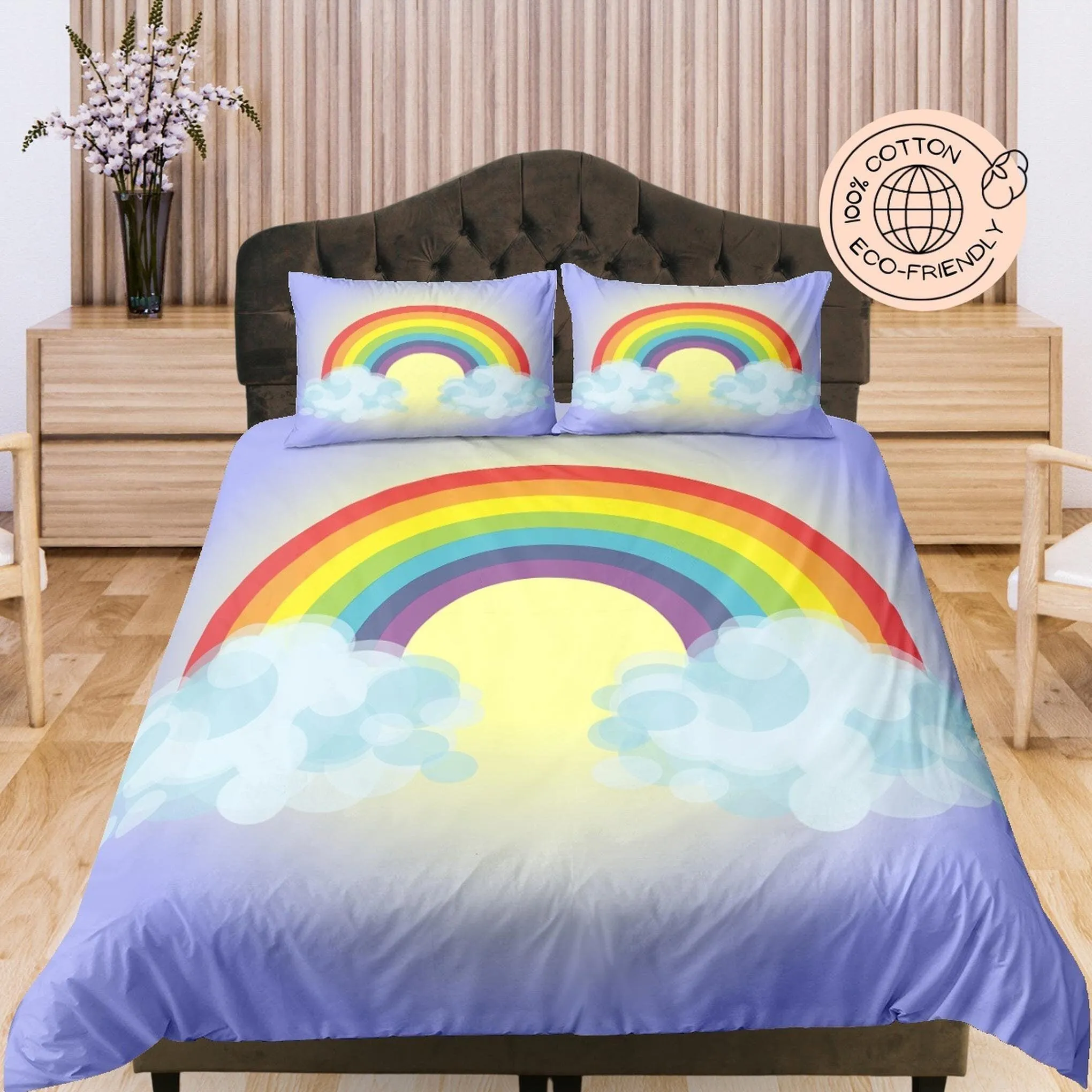 Rainbow Cotton Duvet Cover Set for Kids, Purple and Yellow Toddler Bedding, Baby Zipper Bedding, Nursery Bedding, Crib Blanket, Unisex