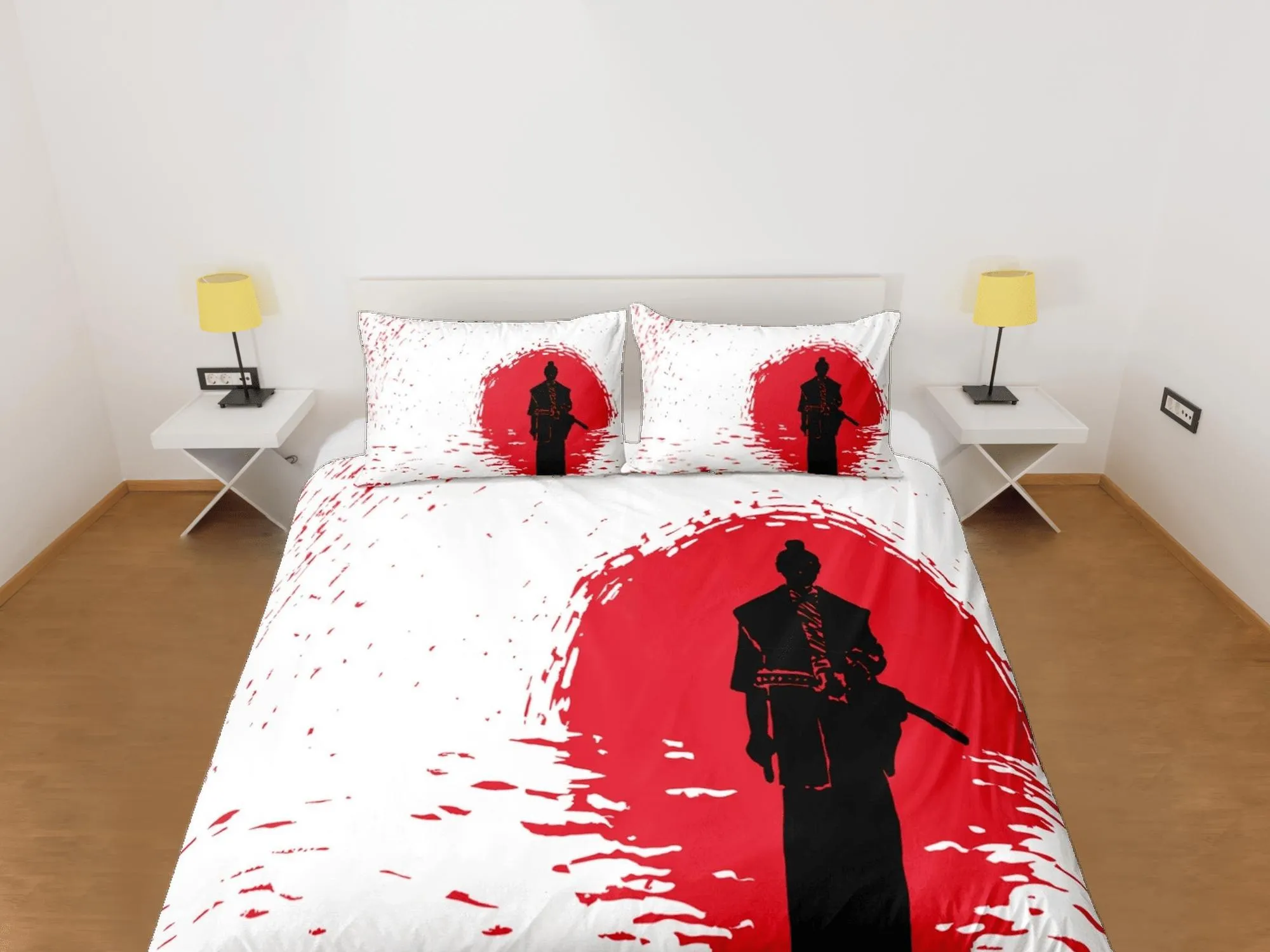 Samurai oriental bedding, aesthetic zipper bedding, japanese anime duvet cover set for king, queen, full, twin, single, toddler bed