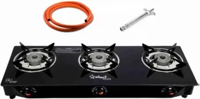 Sigri-wala Lighter & Hose Pipe ISI Certified 3 Burner Combo Glass Manual Gas Stove (3 Burners)