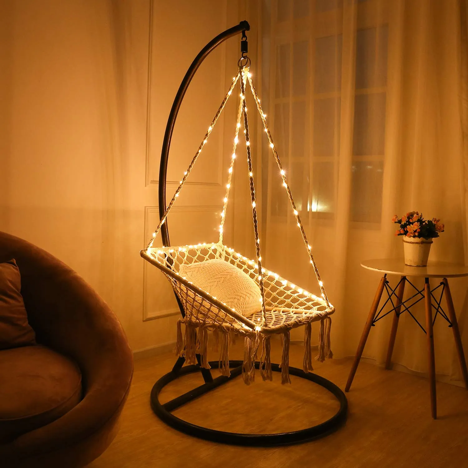 Square Shape Cotton Hammock Chair with Lights - KINDEN