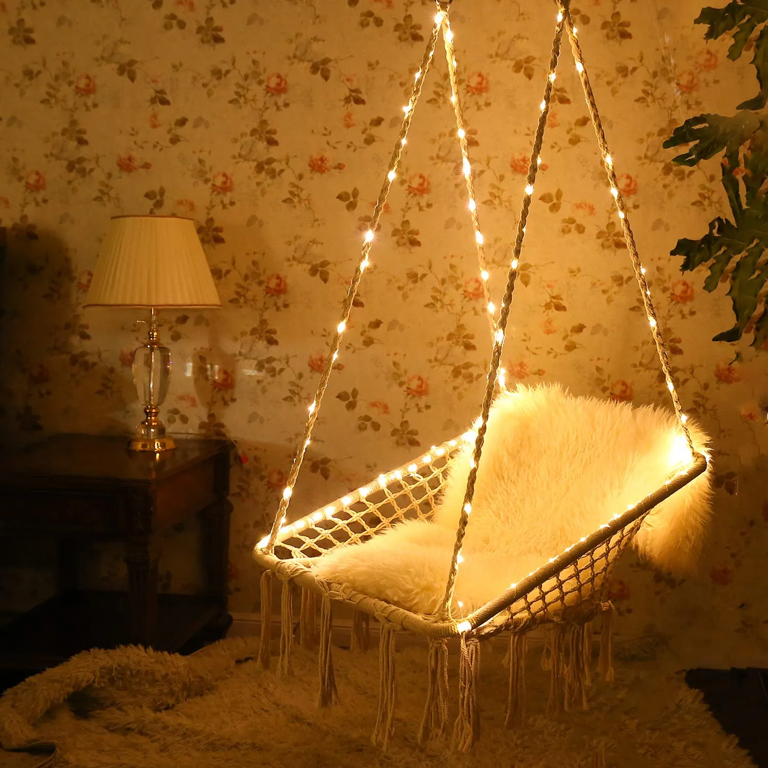 Square Shape Cotton Hammock Chair with Lights - KINDEN