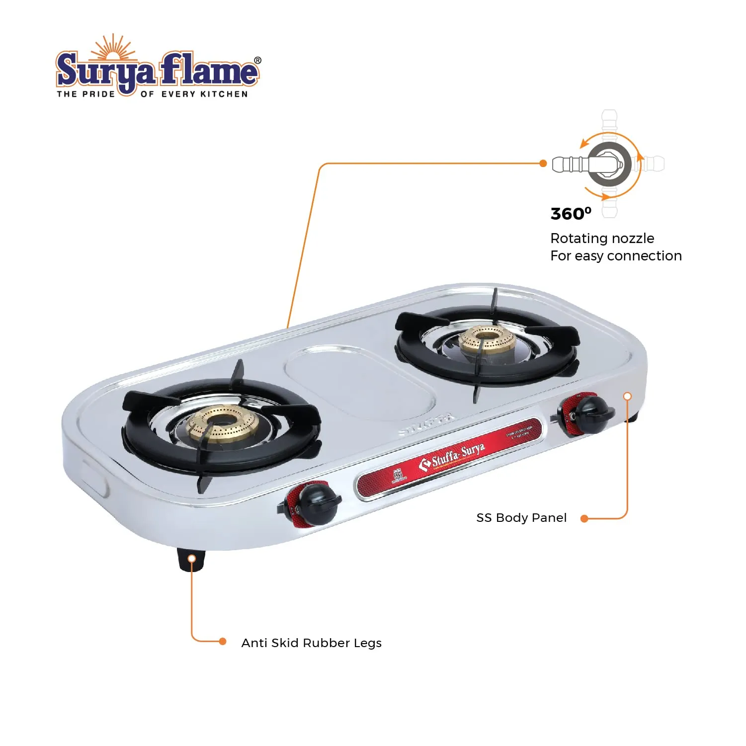 Surya Flame Costa Gas Stove 2 Burners | Stainless Steel Body | Manual LPG Stove | Sleek Body Design With Anti Skid Rubber Legs - 2 Years Complete Doorstep Warranty(Pack of 2)